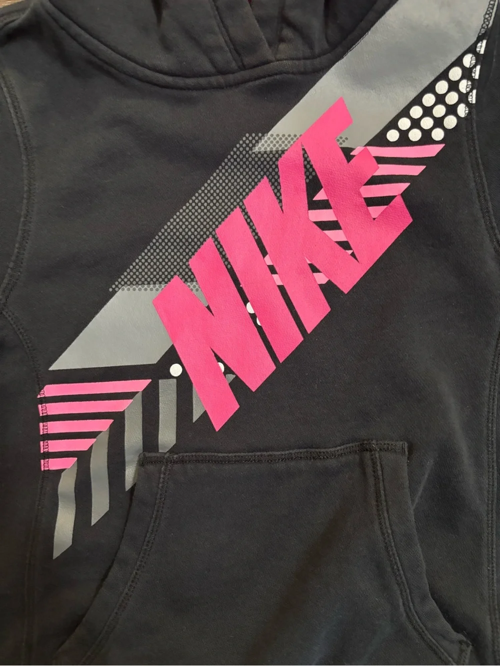 Nike Girl’s Black & Pink Graphic Hoodie with Pink Logo and Hood Lining